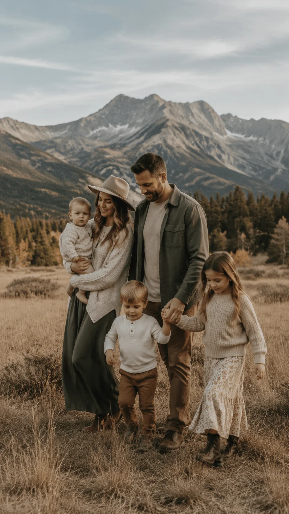 Earth tone colour palette photography featuring a family portrait in natural outdoor surroundings with warm neutral shades, soft textures, and a mountain landscape background
