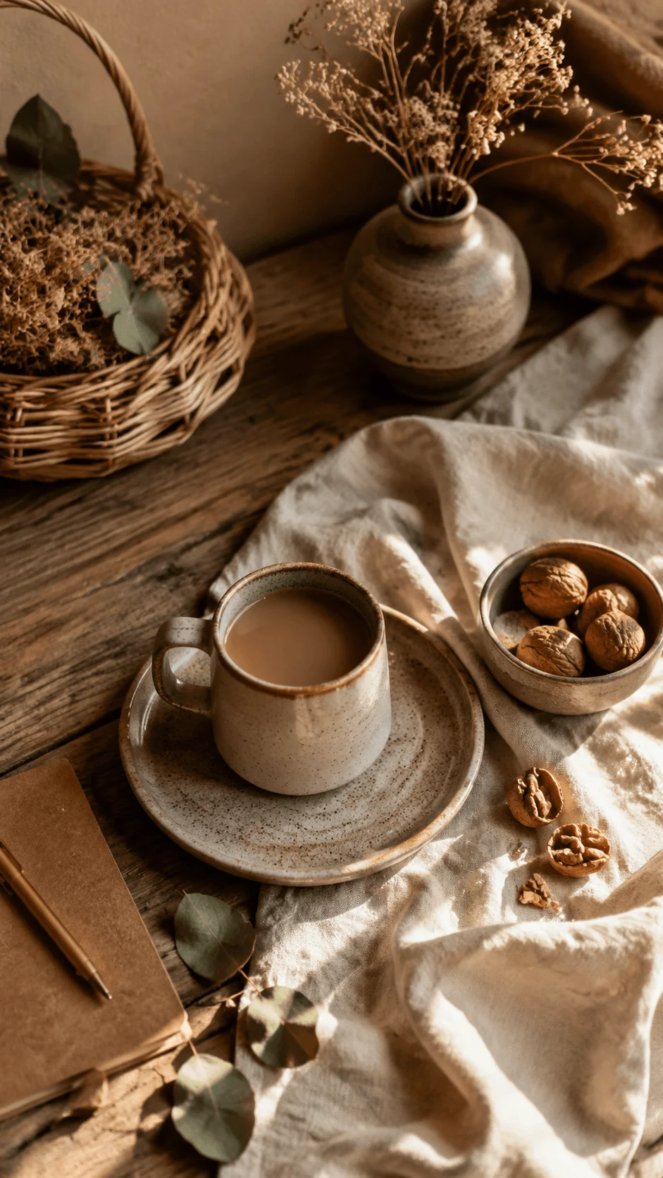 Earth tone colour photography featuring a ceramic coffee cup, linen fabric, wooden table, dried flowers, woven basket, and natural textures creating a warm sustainable aesthetic atmosphere