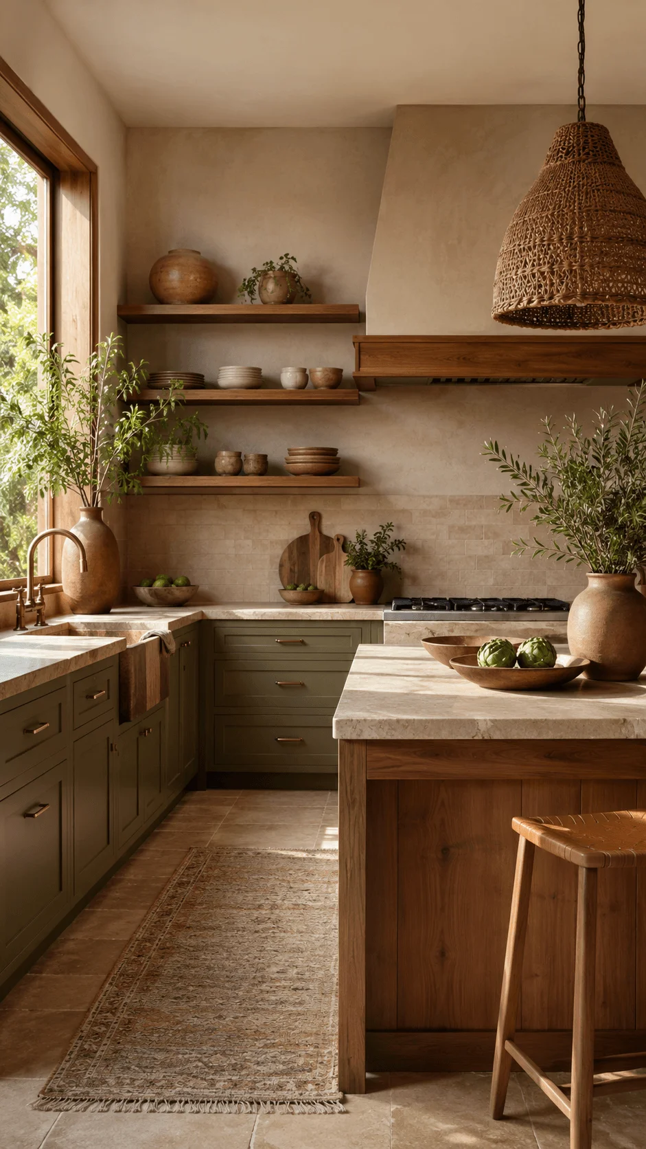 Earth tone kitchen design with olive green cabinets, natural wood island, stone countertops, handmade pottery, woven pendant light, and warm neutral colors creating a cozy sustainable kitchen atmosphere