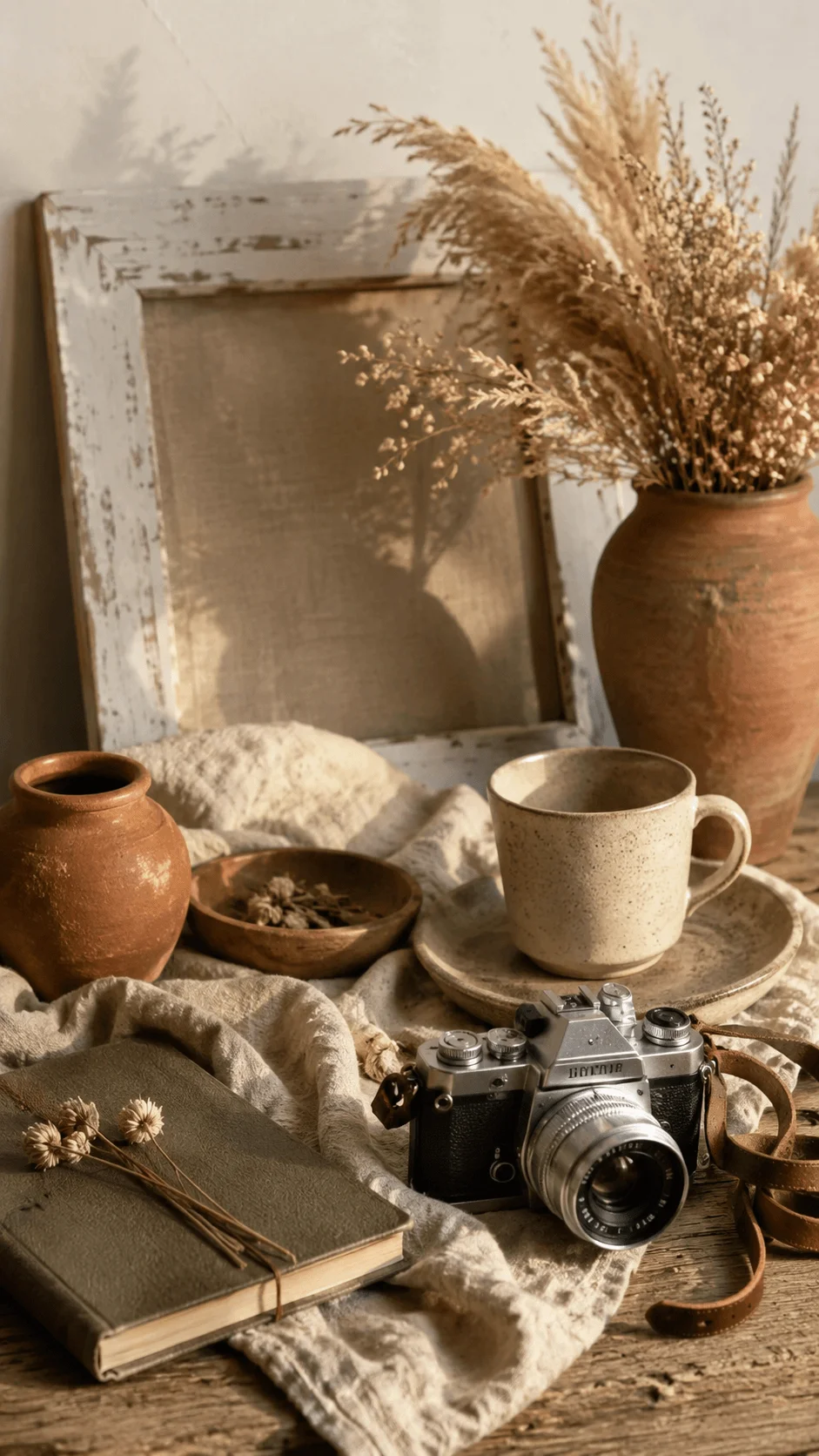 Earth tone photography ideas with a vintage camera ceramic pottery and natural textures creating a timeless aesthetic