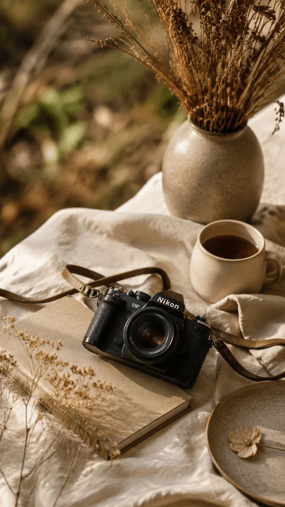 Earth tone photography setup featuring a vintage camera, ceramic cup, dried flowers, linen fabric, and natural textures in a warm aesthetic environment