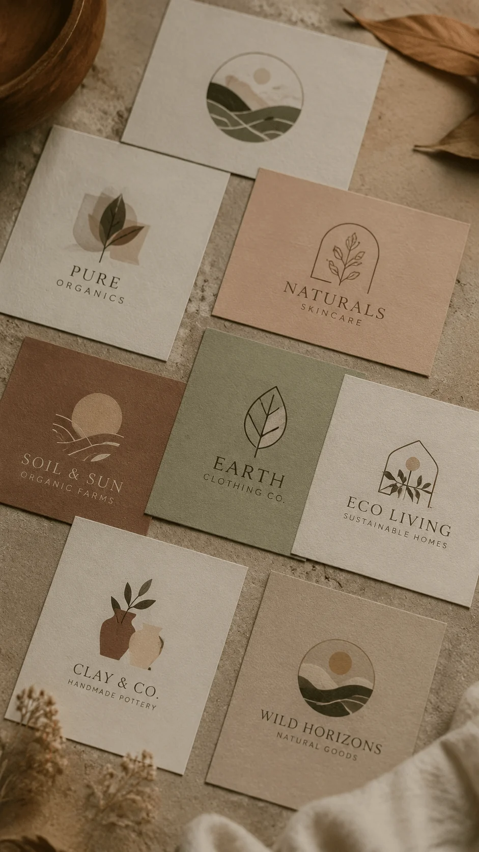 Earth tone sustainable branding logo ideas featuring minimalist eco friendly logos on natural colored cards with leaf symbols, organic shapes and elegant green design concepts for environmentally conscious brands
