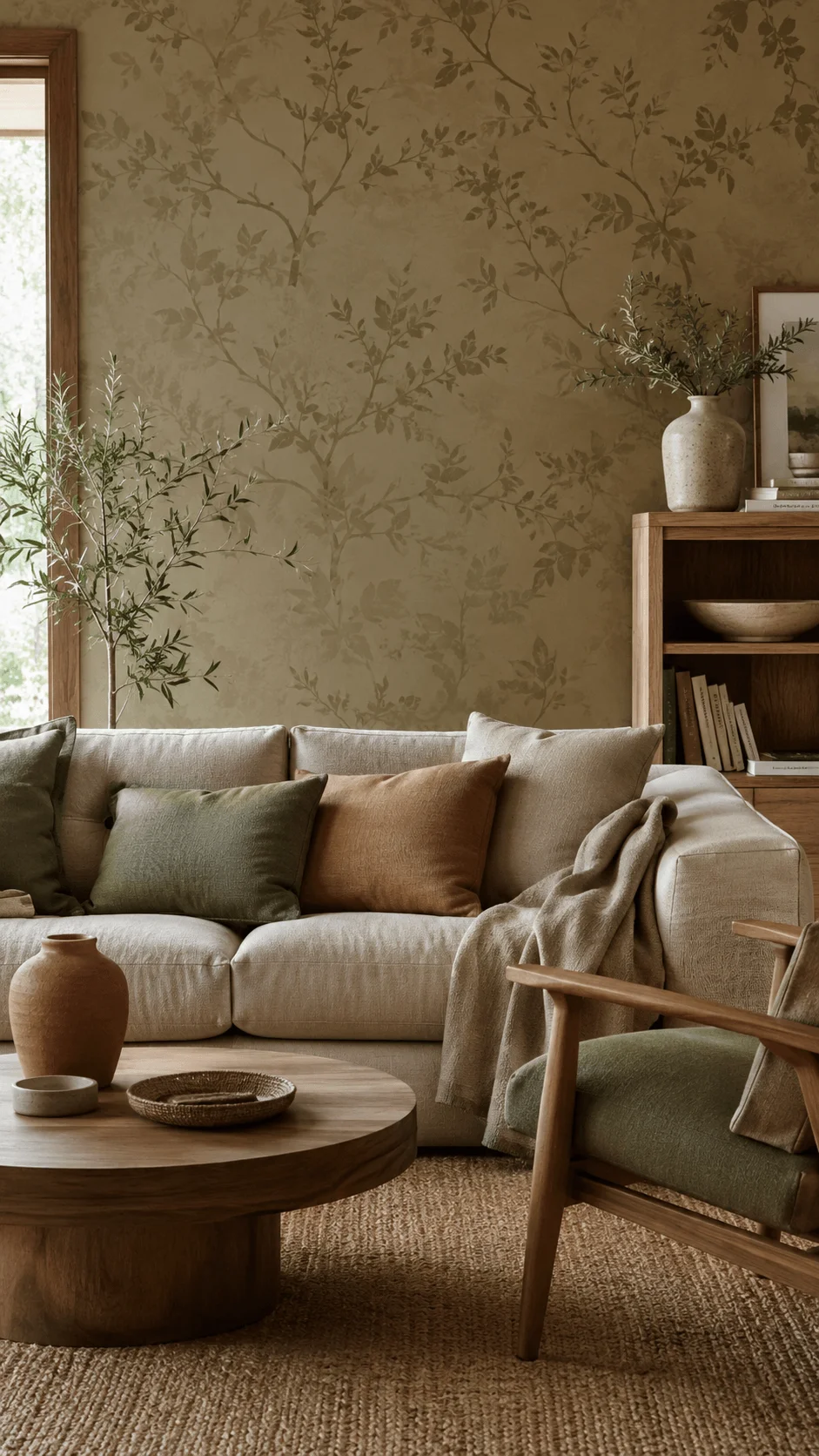 Earth tone wallpaper aesthetic featuring a warm living room with subtle botanical patterns natural wood furniture neutral cushions and cozy sustainable interior decor