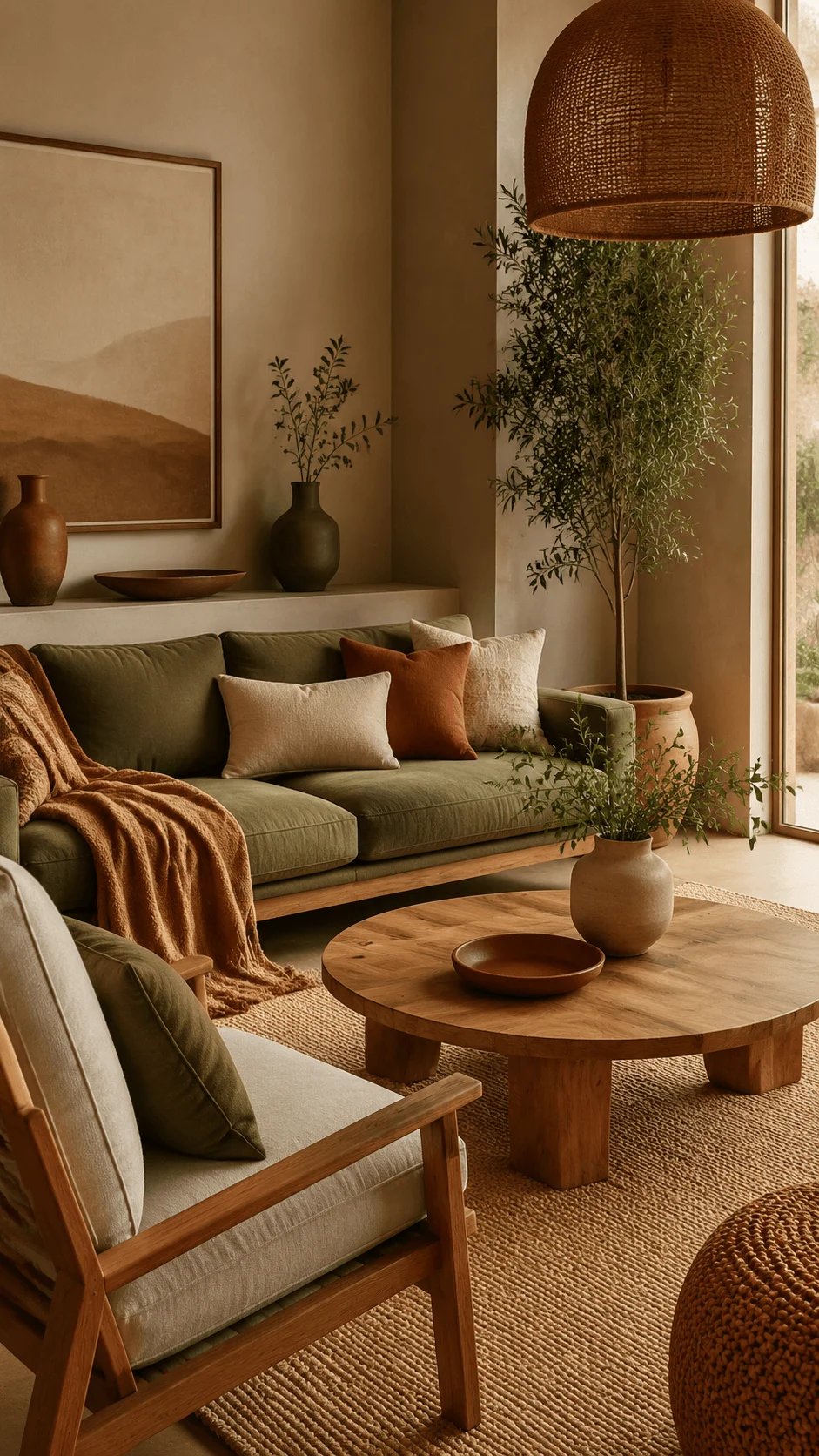 Earthy home aesthetic interior with nature inspired colors, olive green sofa, wooden furniture, indoor plants, warm lighting, natural textures, and a cozy sustainable living space with calming organic tones