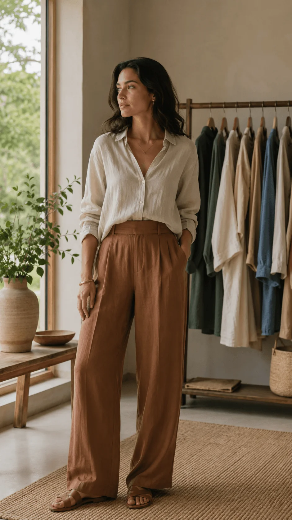 Woman wearing earthy minimalist sustainable fashion with linen shirt and brown trousers in a natural interior with eco friendly wardrobe and plants