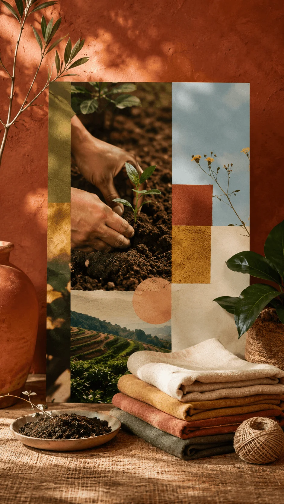 Earthy vibrancy colour palette poster with sustainable lifestyle elements including planting a seedling folded natural fabrics plants soil and organic textures in warm terracotta olive and beige tones