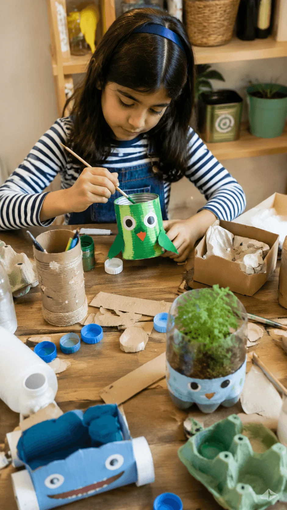 Child creating eco art from waste materials using recycled items like cardboard bottles and containers for a creative reuse sustainability activity