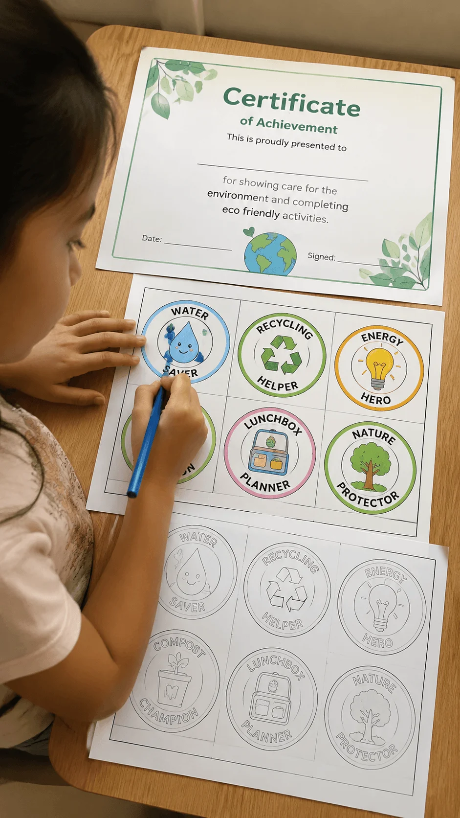 Child completing an eco badge and certificate printable activity with environmental achievement badges including water saver recycling helper energy hero lunchbox planner and nature protector on a desk with sustainability worksheets