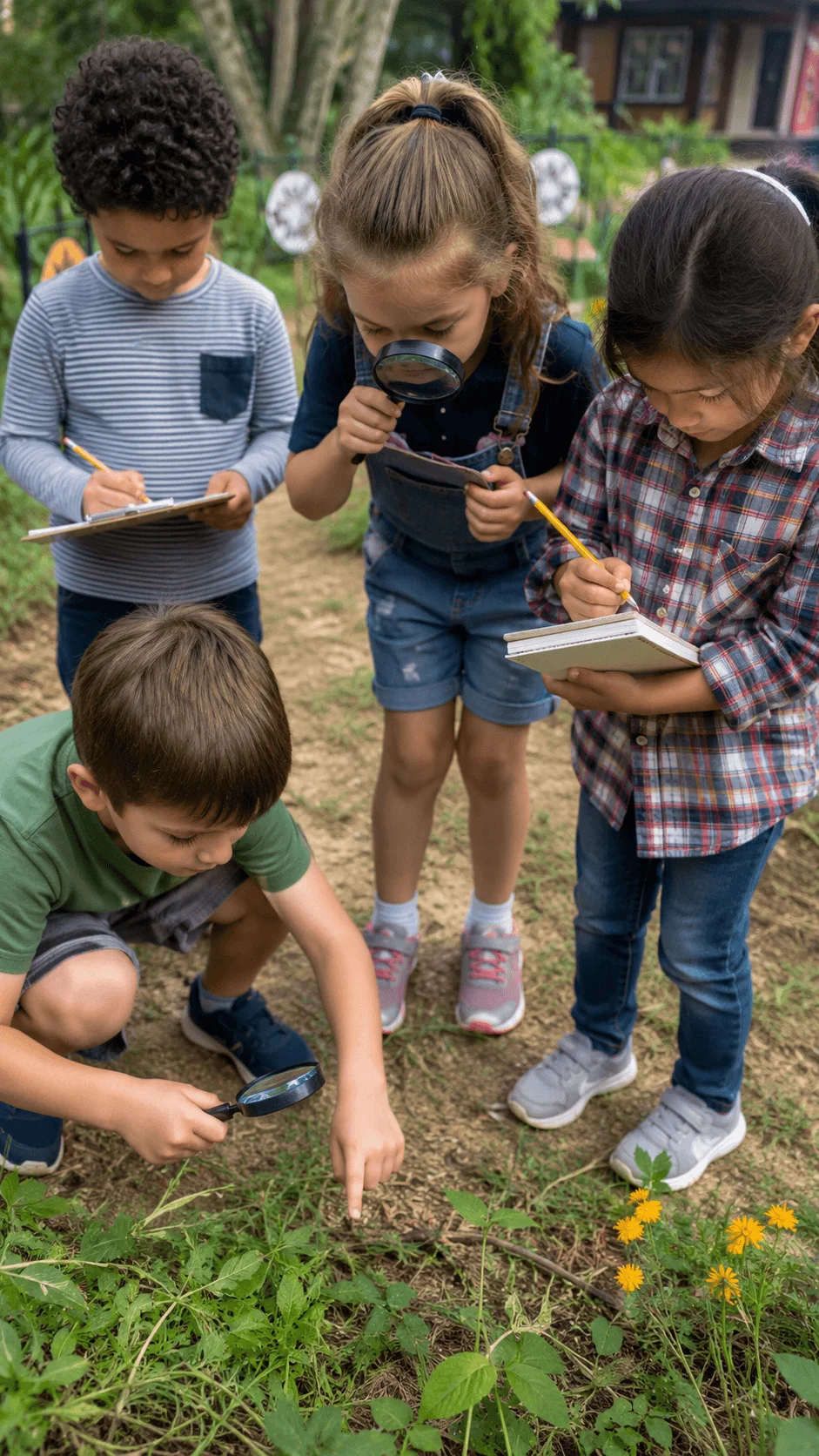 Children exploring plants and insects outdoors with magnifying glasses while recording nature observations in notebooks during an eco detectives activity.