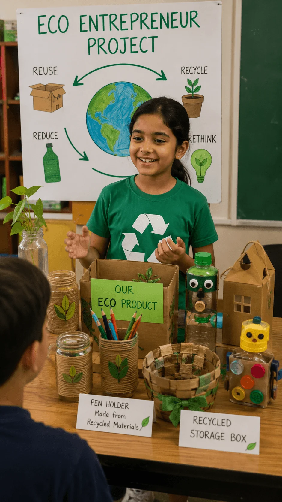 Child presenting creative eco products made from recycled and reused materials during an eco entrepreneur project