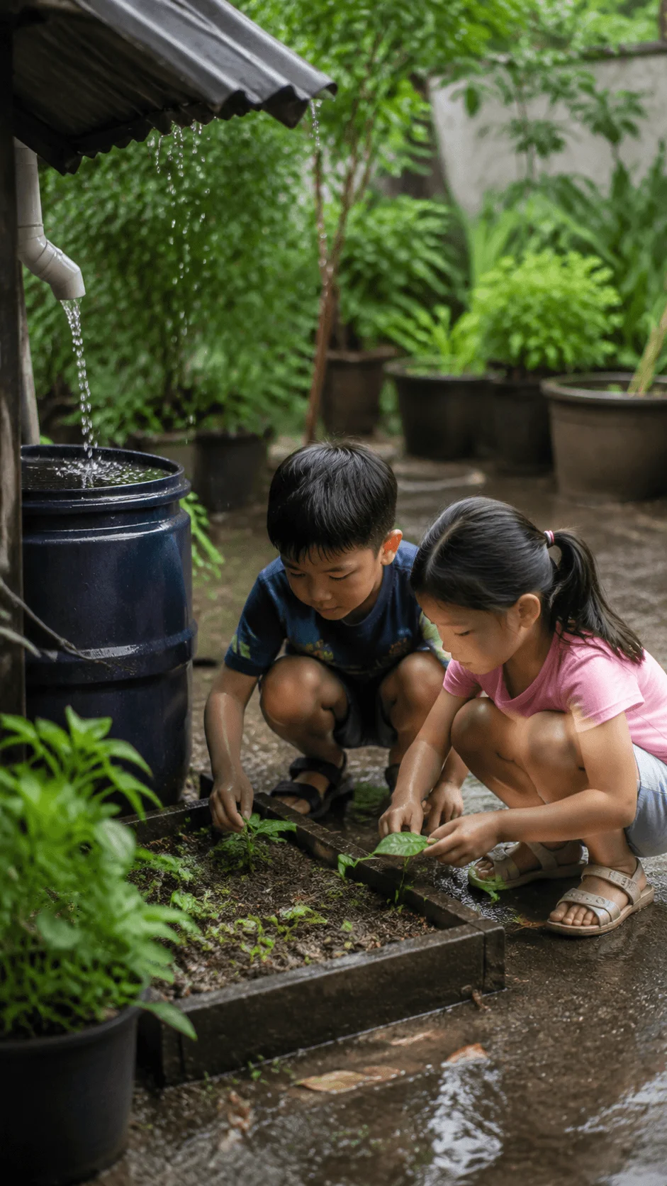 Children exploring rainwater collection and gardening with plants in an eco friendly outdoor learning activity