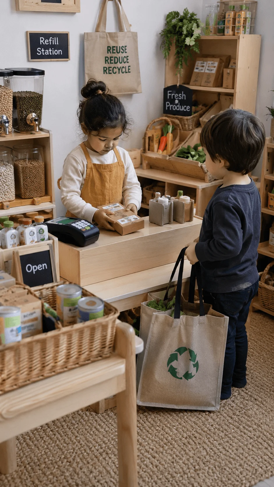 Children using reusable packaging cloth bags and refill containers during eco friendly dramatic play in a pretend classroom shop