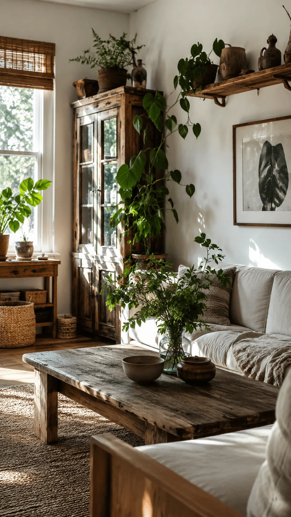 Eco friendly home photography featuring a sustainable living space with indoor plants, natural wood furniture, recycled decor, sunlight, and a cozy minimalist interior connected with nature.