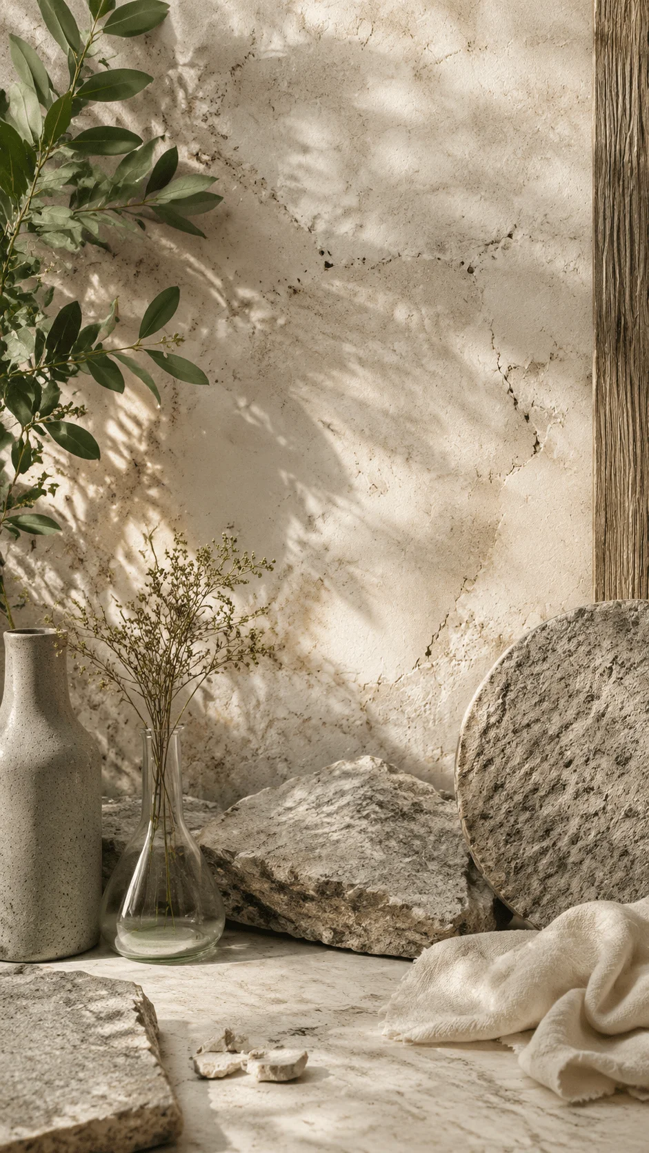Eco friendly landscape wallpaper with natural stone textures, earthy neutral tones, plant shadows, ceramic vases, wooden details, and sustainable material inspired minimalist design background