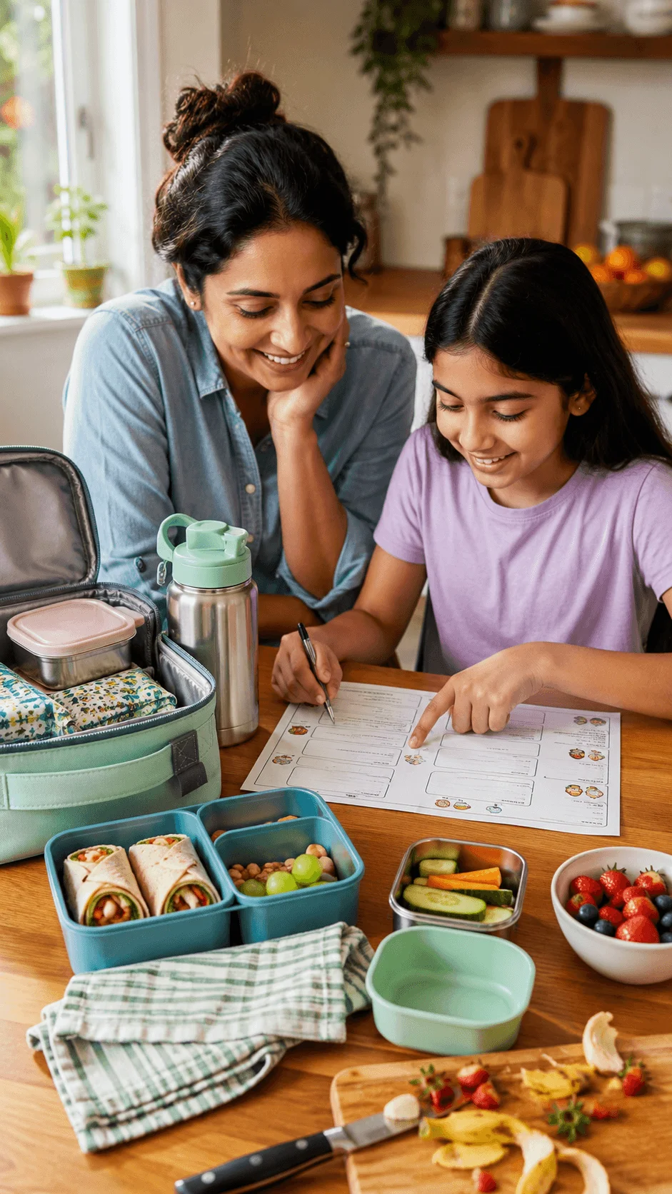 Child and parent preparing an eco friendly lunchbox plan together with reusable containers fresh food and a sustainability worksheet on a kitchen table promoting waste free school meals and green habits