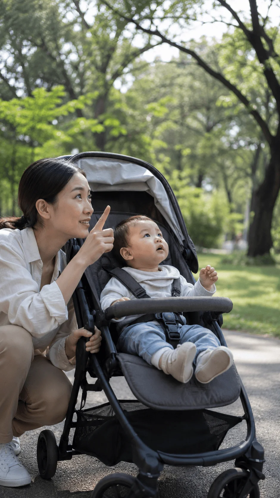 Mother introducing her baby to trees during an eco friendly nature walk in the park