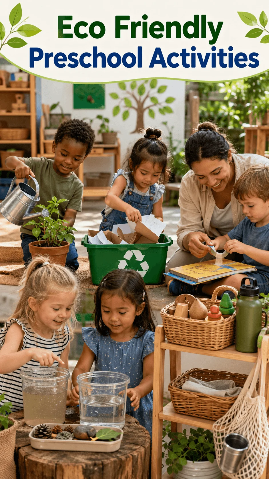Preschool children and teacher enjoying eco friendly activities including gardening recycling crafts water exploration and reusable natural materials