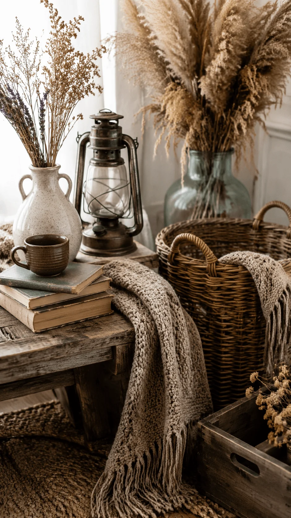 Eco friendly photography props featuring vintage lanterns, woven baskets, natural fabrics, dried plants, ceramic decor, and sustainable rustic styling elements for a creative photoshoot setup