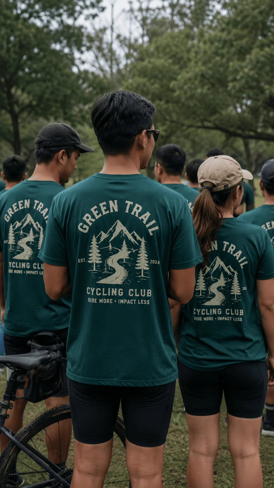 Eco friendly cycling club shirts featuring mountain trail graphics worn by a community group outdoors