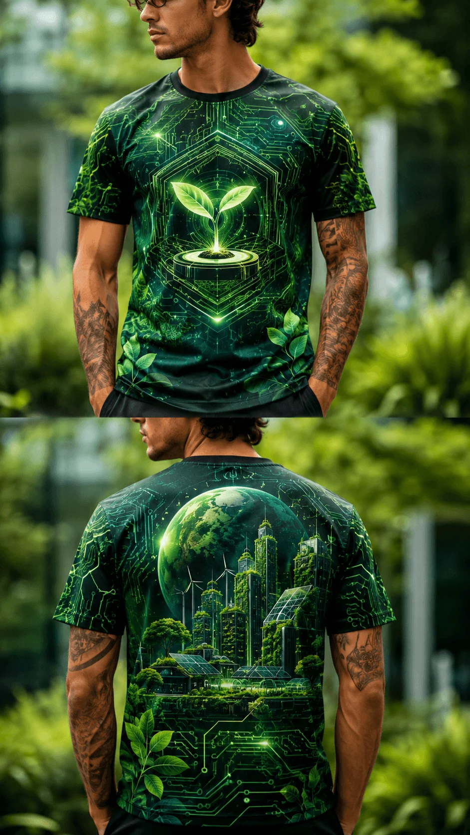 Eco futurist green full sublimation T shirt shown from the front and back with glowing plant circuit patterns solar panels wind turbines and a sustainable smart city design