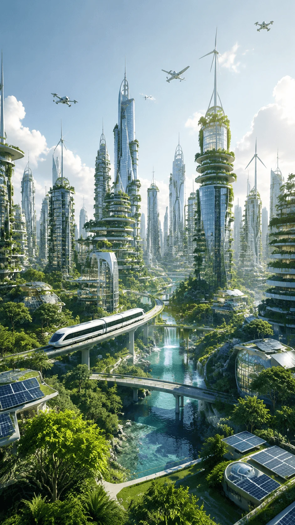 Eco futuristic city skyline poster showing advanced green skyscrapers with vertical gardens, renewable energy, solar panels, clean transportation, and sustainable urban technology