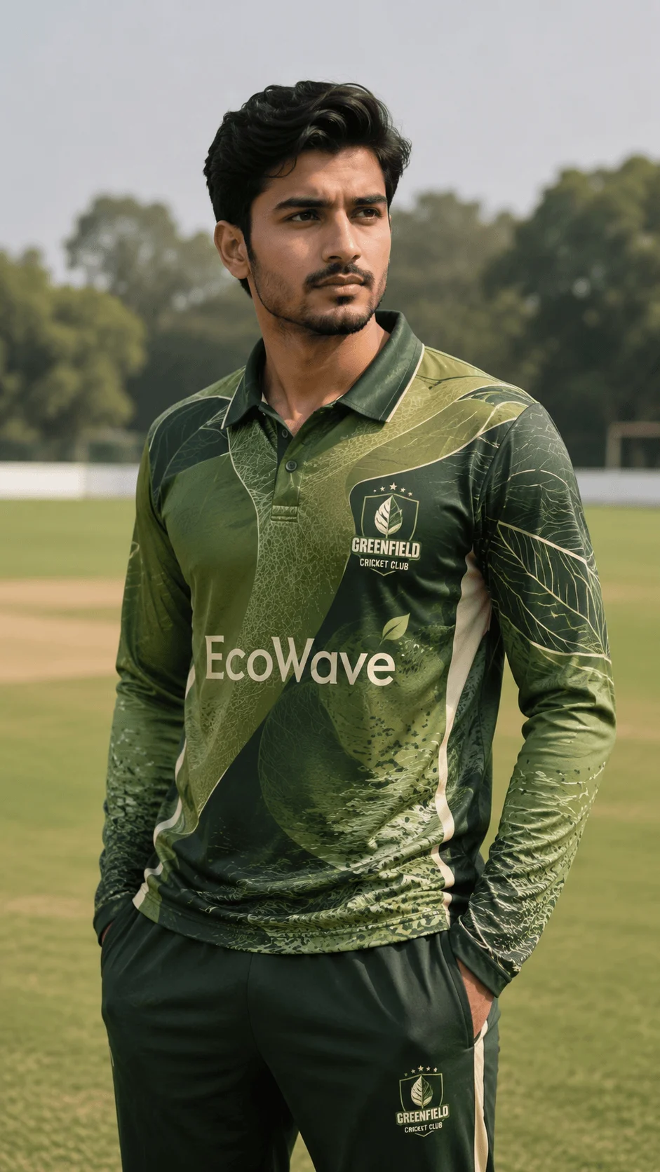 Eco inspired green full sleeve cricket jersey with organic leaf and water textures worn by a player on a cricket field