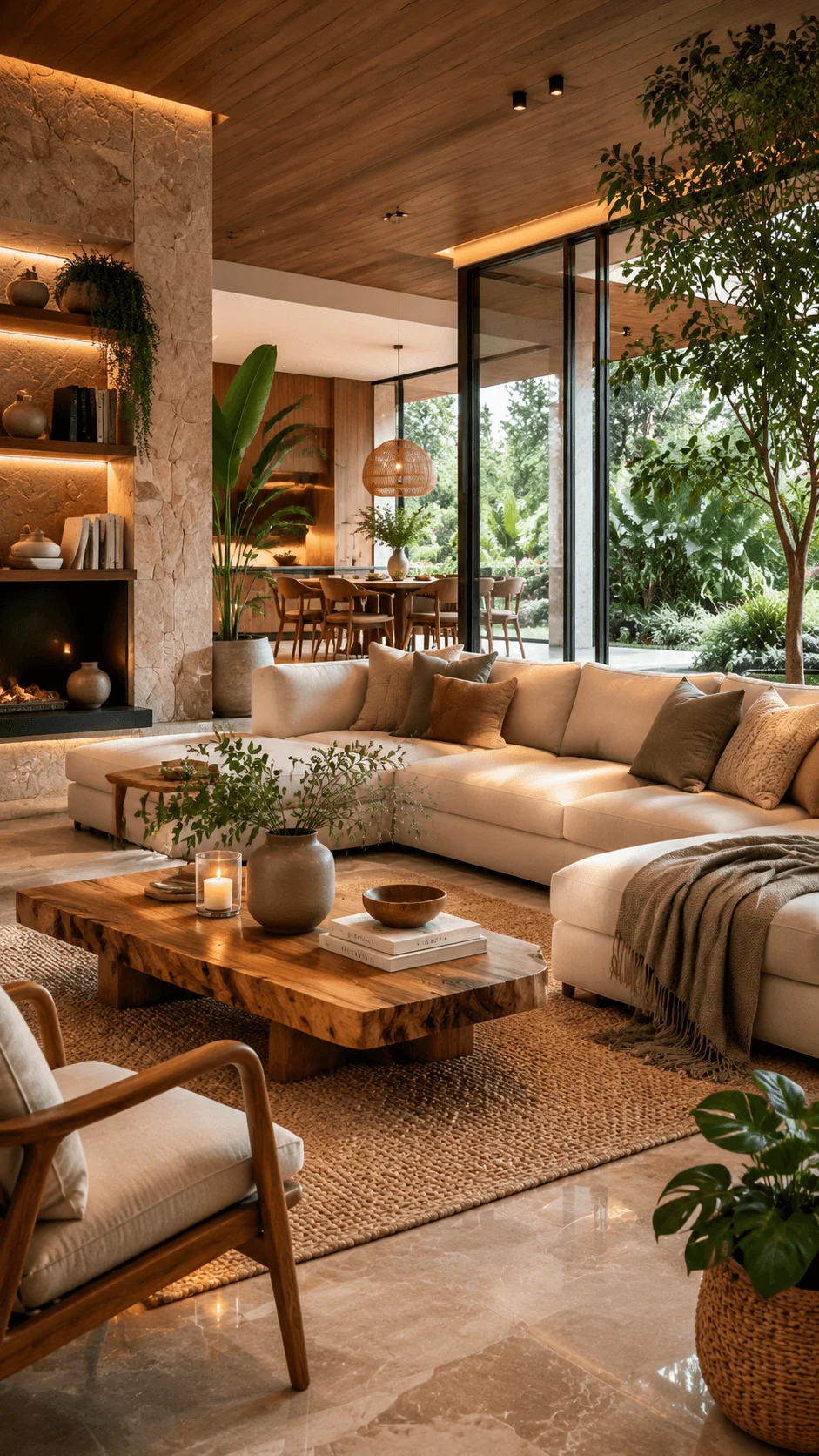 Eco luxury home interior with sustainable materials, natural stone walls, wooden furniture, elegant lighting, indoor plants, large windows, and a modern eco friendly living space combining comfort and timeless luxury