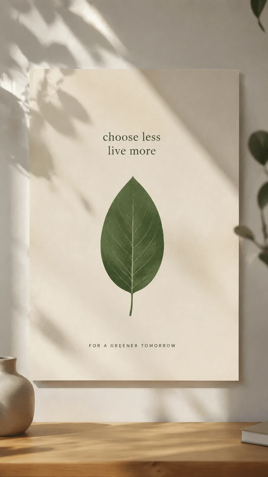 Eco minimalist poster design featuring a simple leaf illustration on a clean neutral background with natural shadows and minimal typography representing sustainable living and conscious consumption