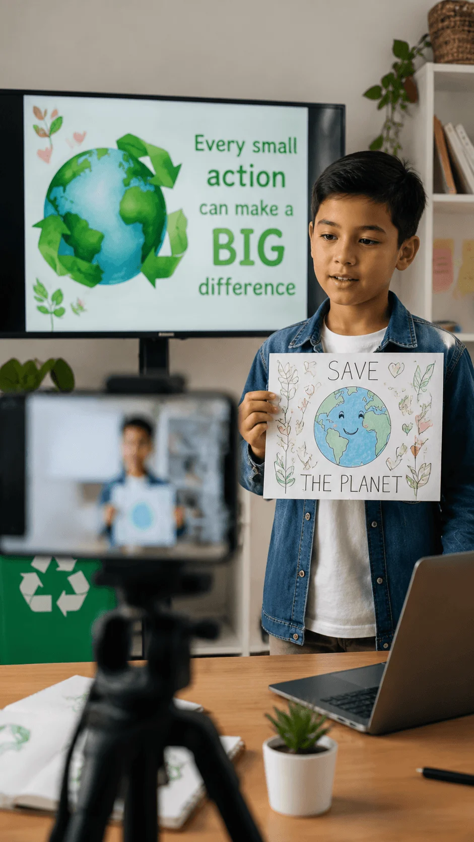 Child creating an eco storytelling project using digital media with a sustainability poster and recording equipment to share environmental ideas