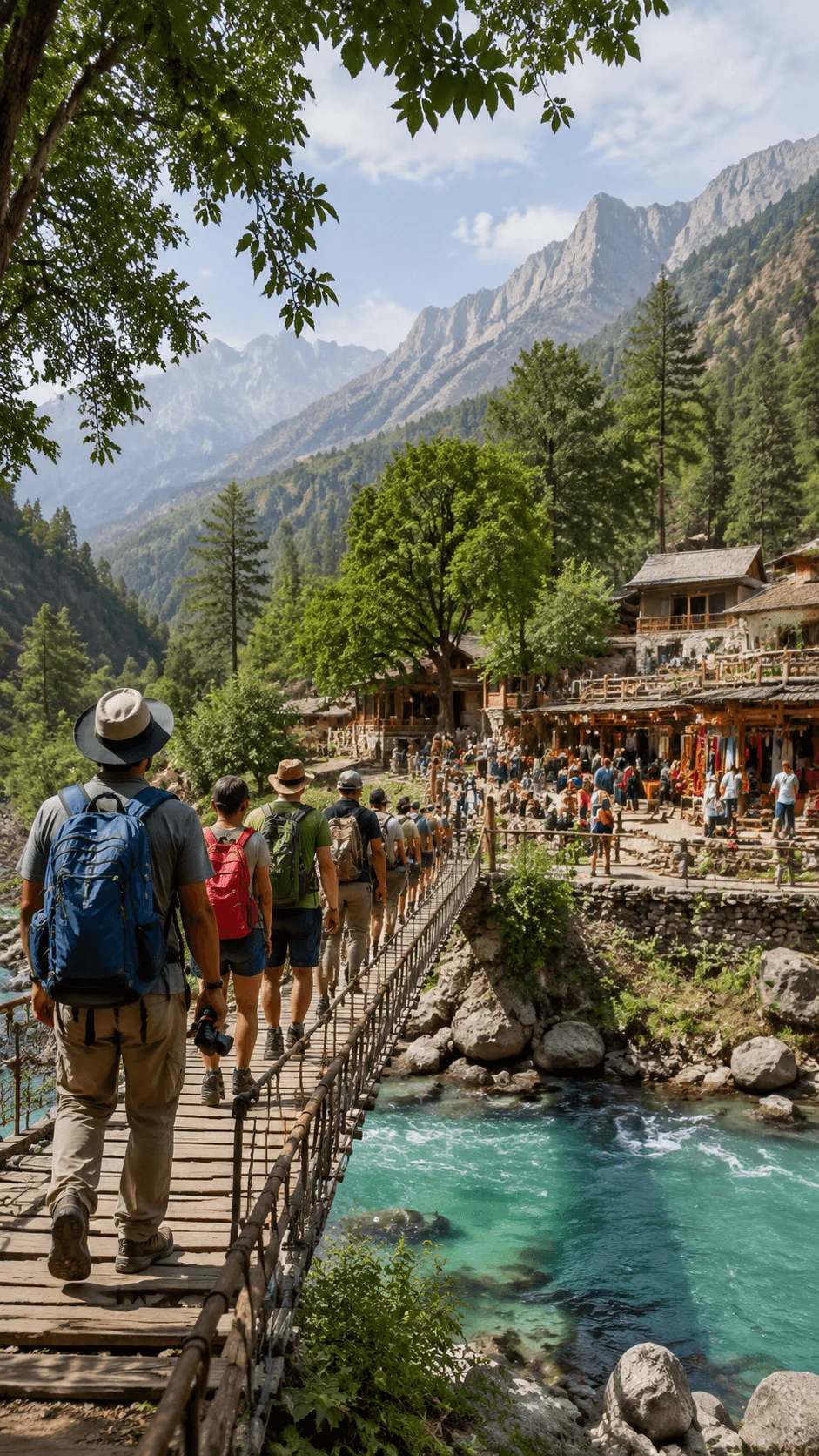 Eco tourism and local culture conservation project showing travelers exploring a mountain village with natural landscapes, traditional buildings, local communities, and sustainable tourism activities protecting nature and cultural heritage