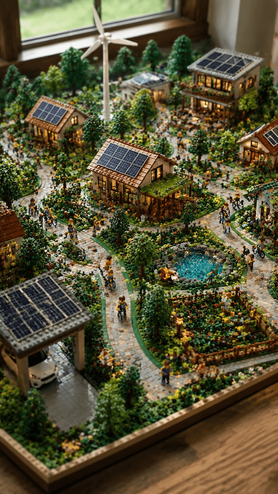 Realistic LEGO eco village neighborhood with sustainable homes solar panels wind turbine community gardens green spaces walking paths and environmentally friendly community design