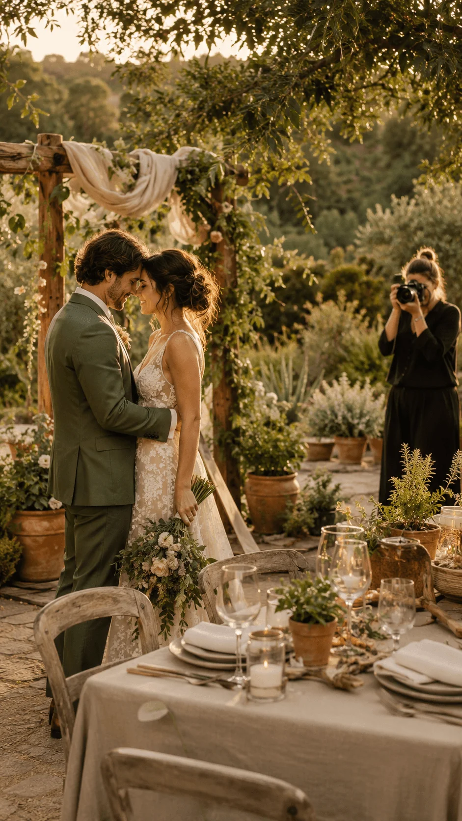 Eco wedding photography showcase featuring a couple in a natural outdoor setting with sustainable floral decorations, rustic table styling, greenery, and a photographer capturing the celebration