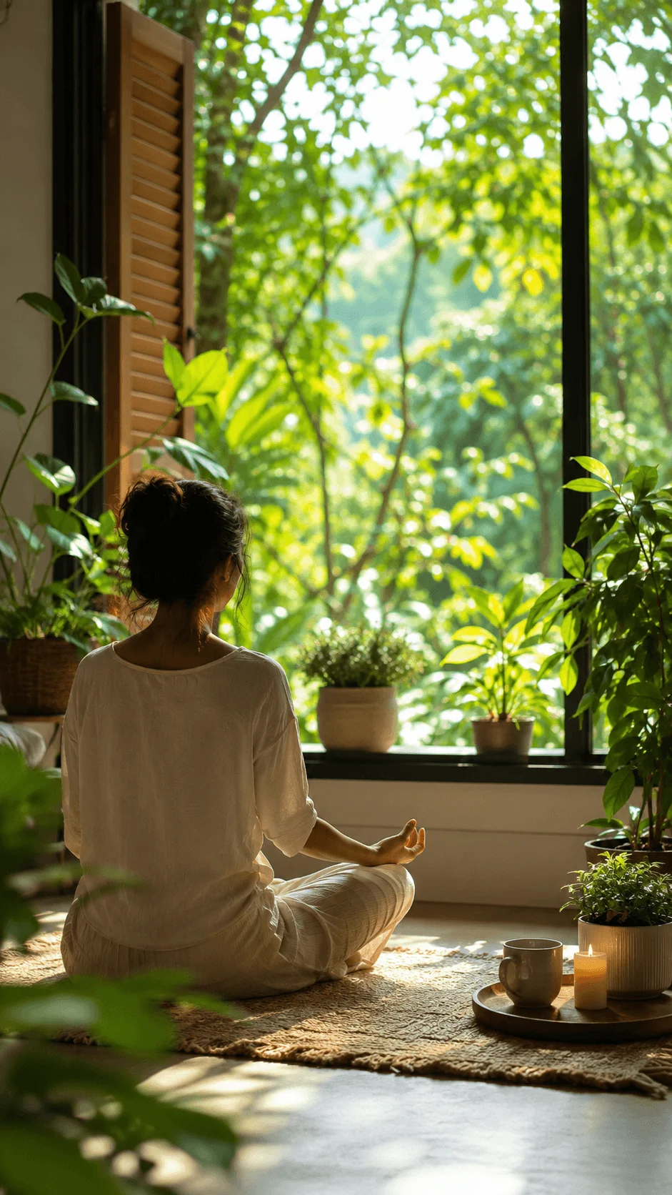 Eco wellness scene with person practicing meditation in a green indoor space surrounded by plants sunlight and natural elements for mindful living