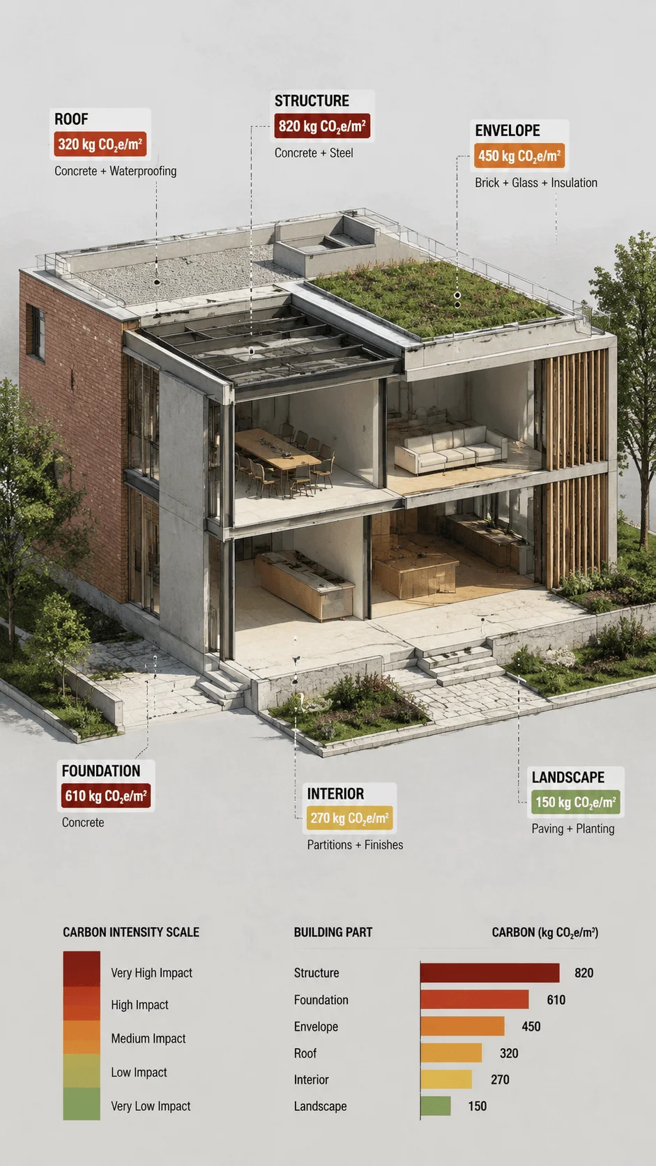 Embodied carbon mapping diagram showing a sustainable building with carbon impact analysis for structure, foundation, envelope, roof, interior, and landscape elements with material emissions levels and carbon intensity comparison scale