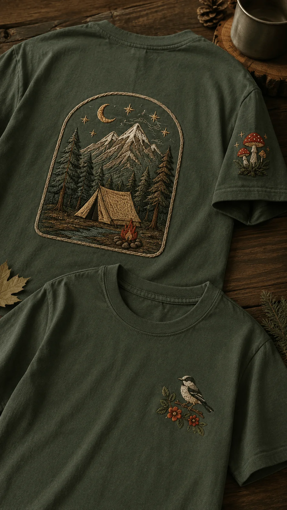 Embroidered green tshirt design featuring stitched style mountain campsite forest landscape with small bird chest embroidery and mushroom sleeve patch on a dark green shirt with front and back mockup