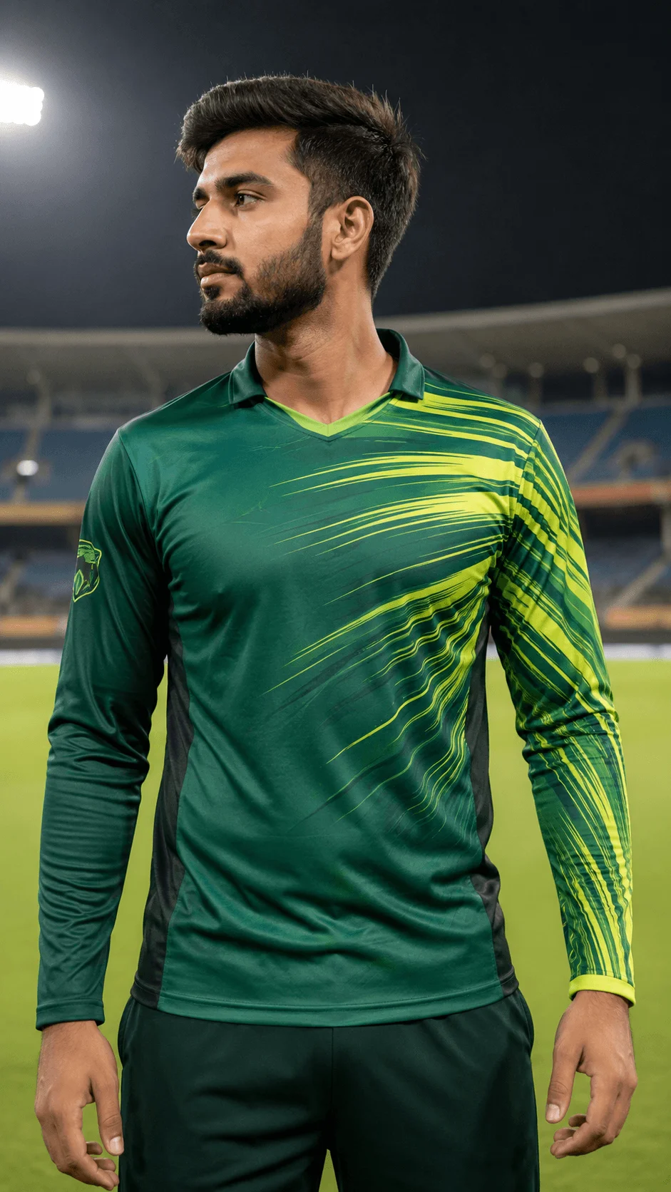 Emerald green full sleeve cricket jersey with bright lime motion graphics worn by a player in a night stadium