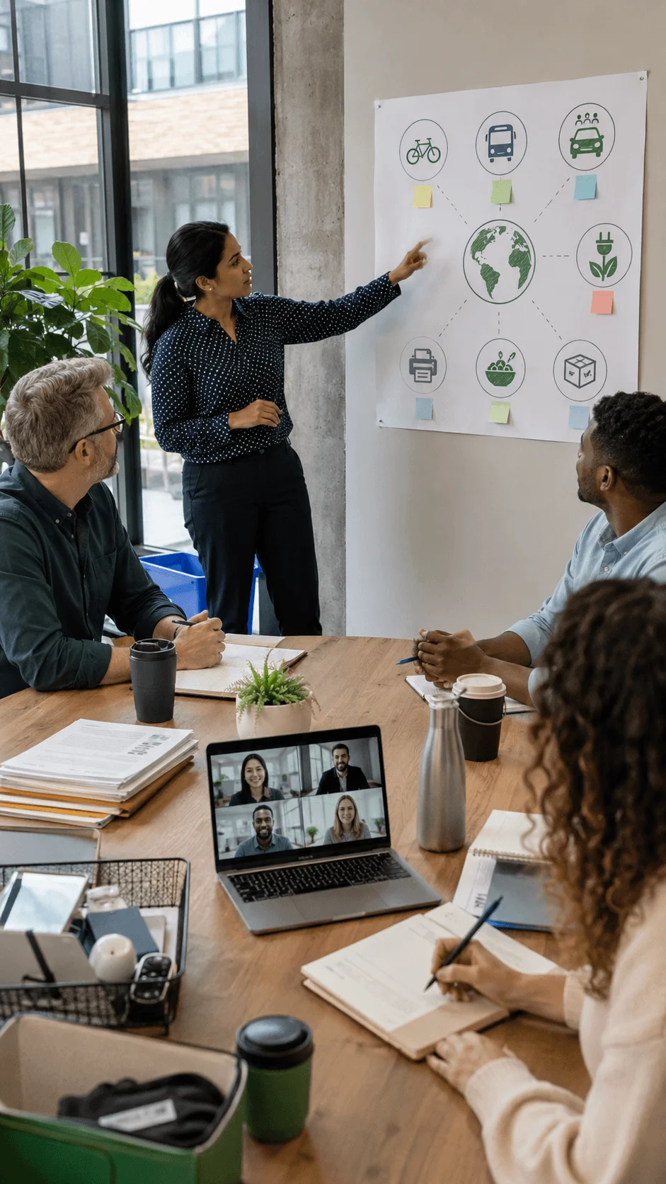 Employees participating in a workplace carbon budget planning session with a sustainability presentation hybrid meeting reusable bottles and low carbon transport ideas in a modern office