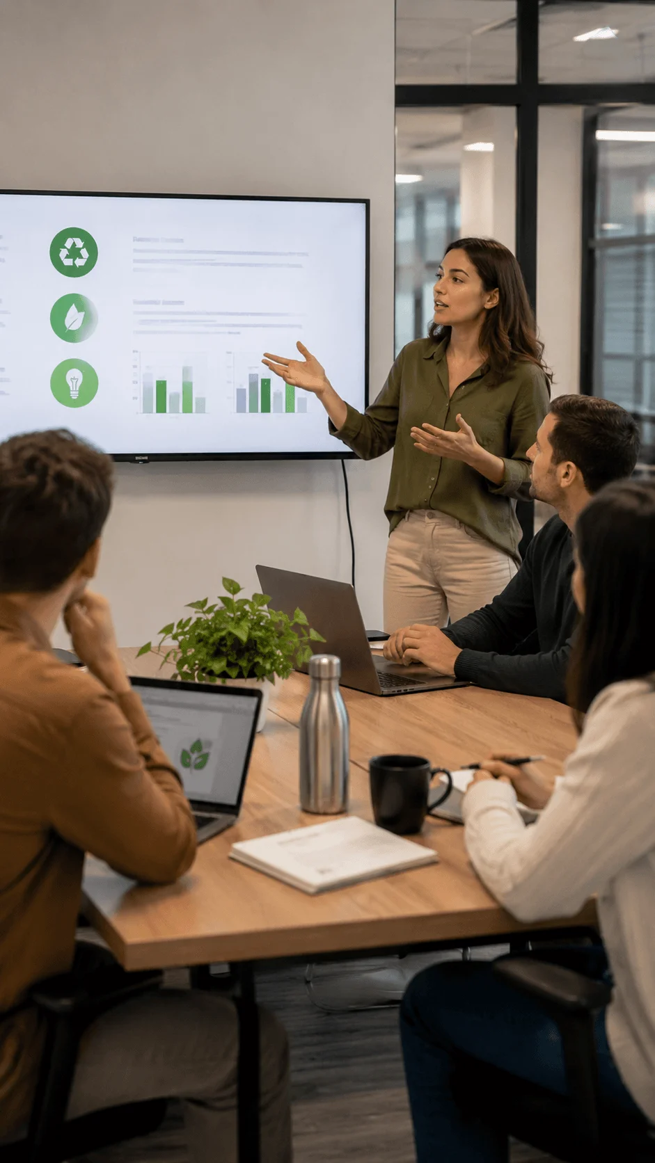 Employees participating in a green skills exchange meeting with sustainability training, environmental data presentation, and workplace eco innovation discussion in a modern office