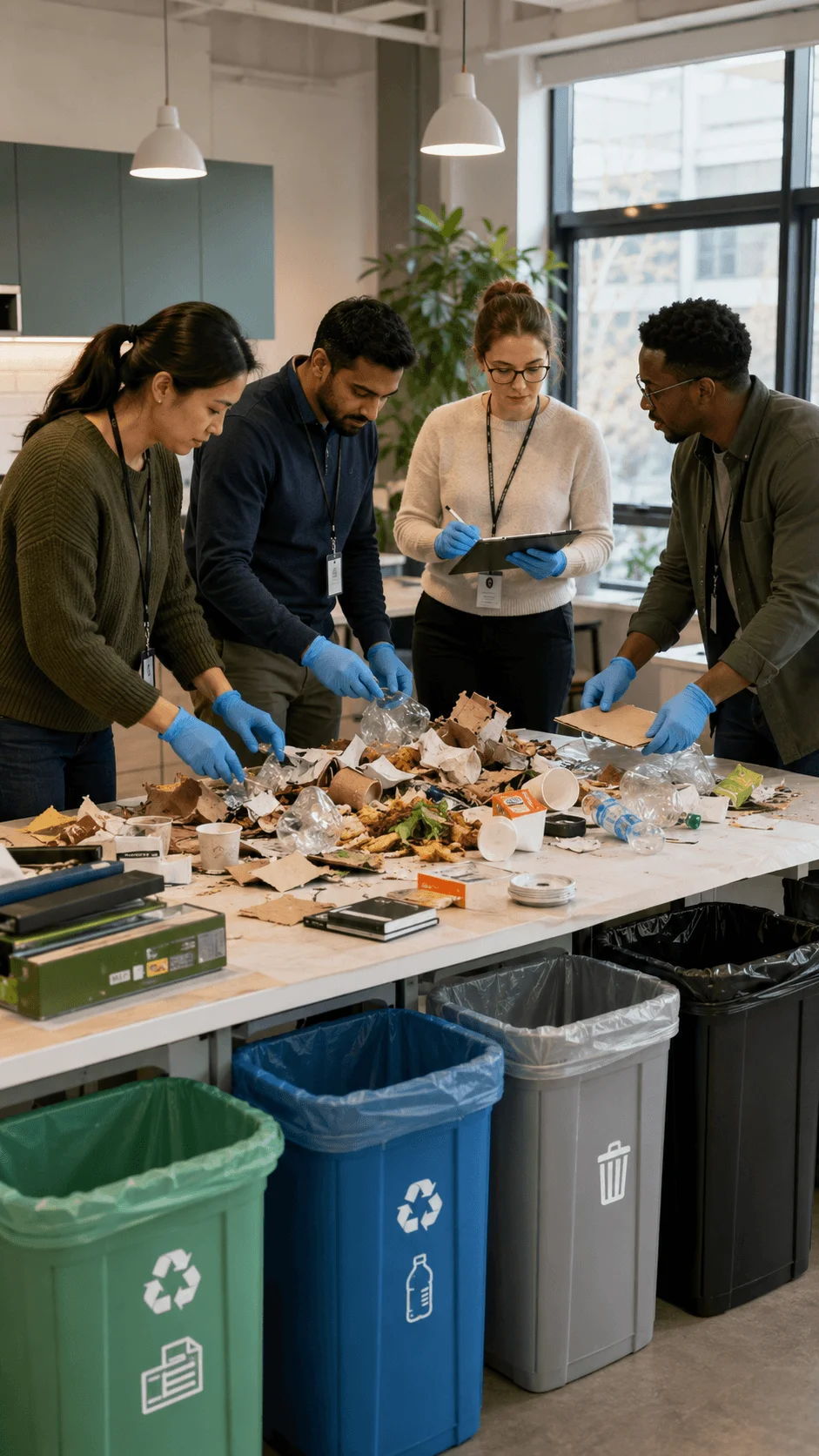 Employees conducting a workplace waste audit by sorting paper plastic food scraps and general rubbish into recycling bins while recording results