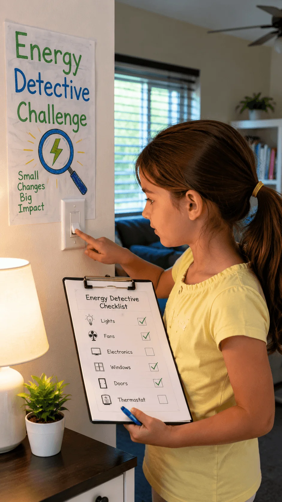 Child turning off a light while completing an energy detective challenge checklist to learn practical ways to save electricity at home