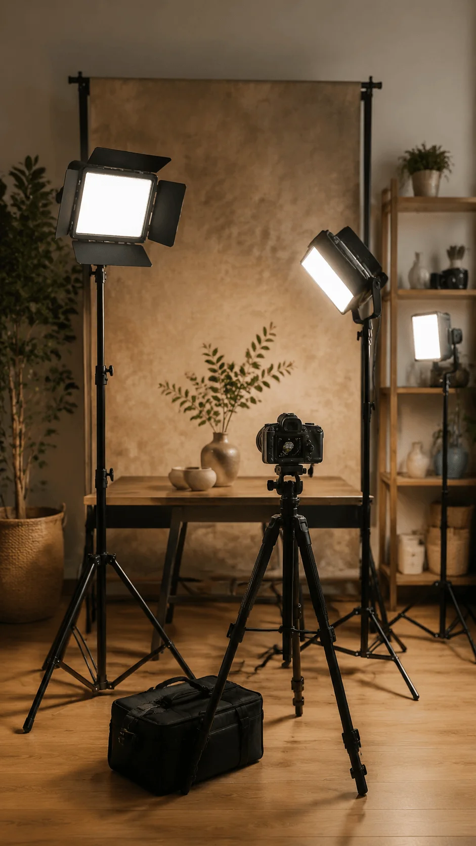 Energy efficient photography lighting setup with LED studio lights, camera on tripod, and sustainable indoor studio environment with natural decor and plants