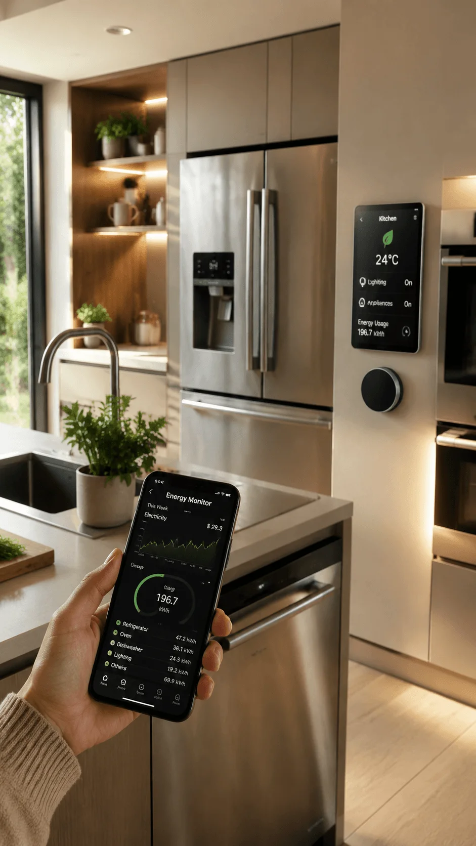 Energy efficient smart kitchen with modern appliances, digital energy monitoring system, smart home technology, stainless steel refrigerator, and sustainable design features creating an eco friendly modern cooking space