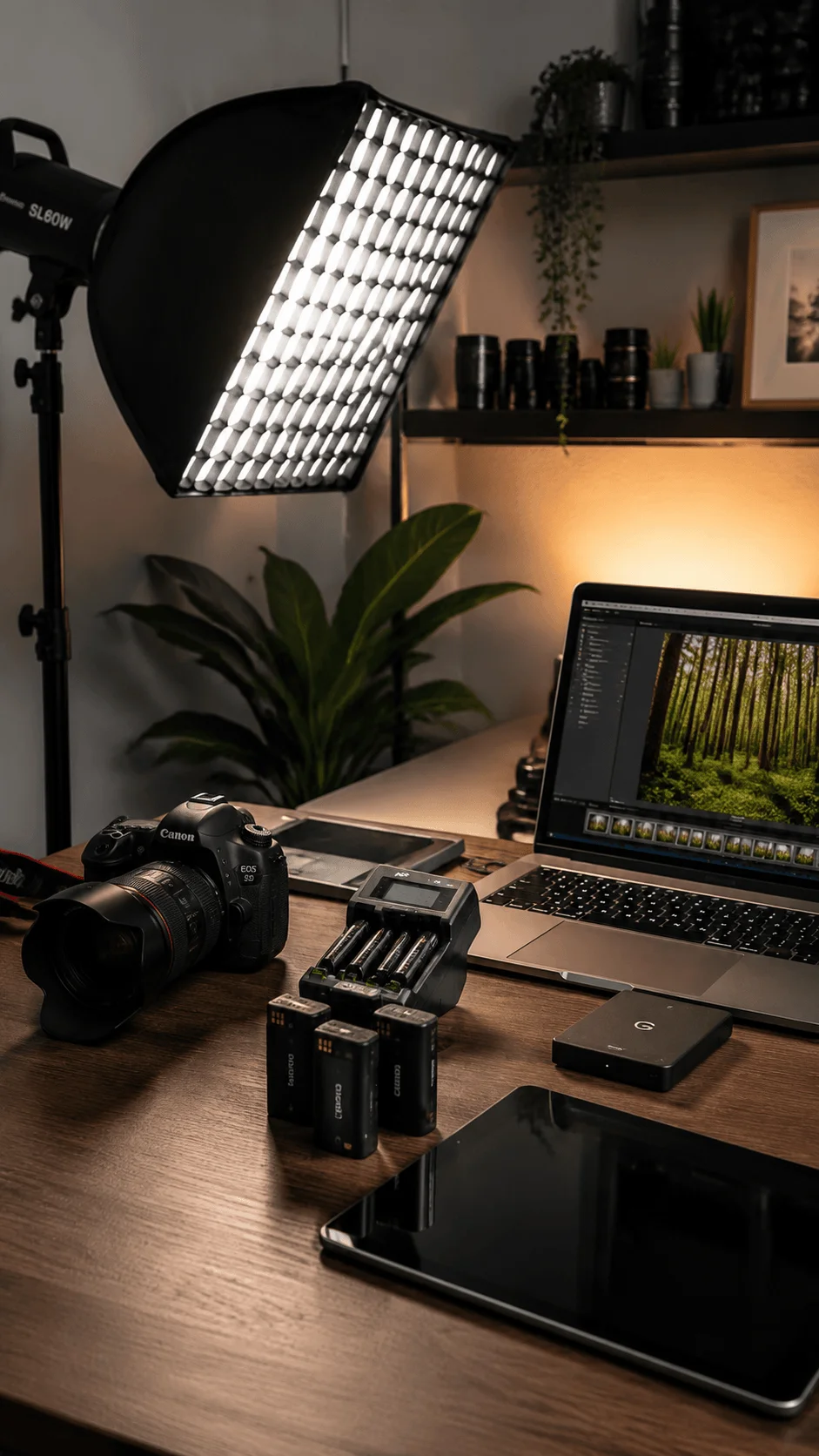 Energy efficient photography studio equipment setup featuring LED lighting camera rechargeable batteries laptop editing workspace and sustainable technology for professional photography