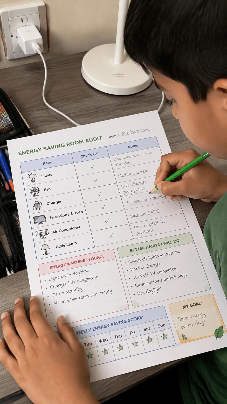 Child completing an energy saving room audit worksheet at a desk with a checklist for lights fan charger television air conditioner and other energy habits while learning ways to conserve electricity at home