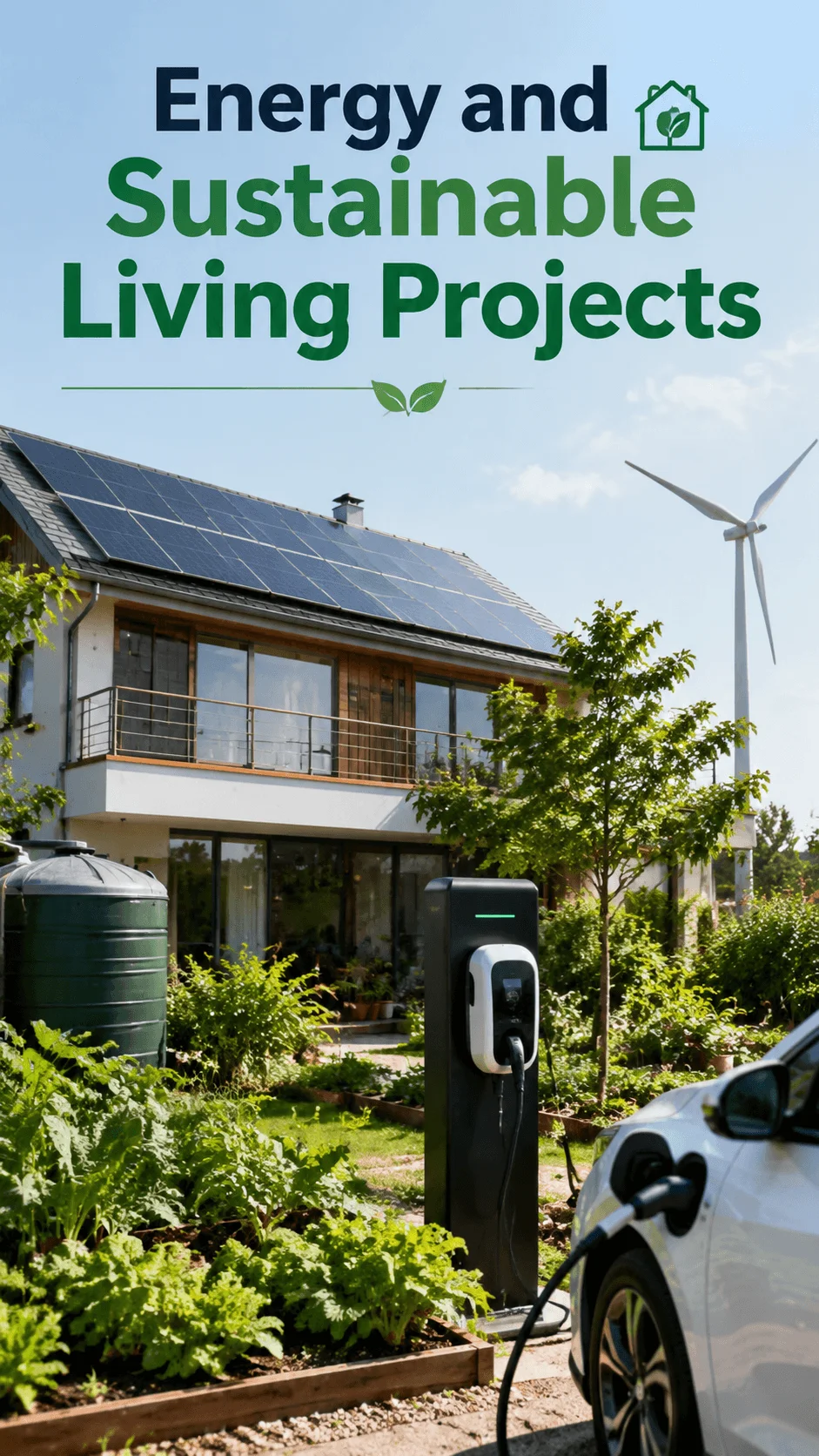Solar powered sustainable home with wind turbine electric vehicle charging station and green garden for energy efficient living