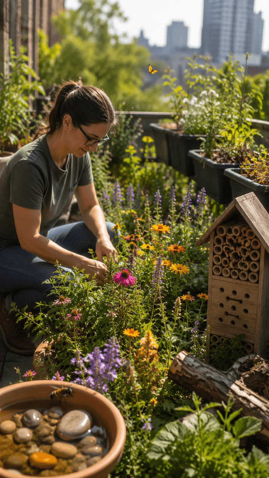 Woman creating a pollinator friendly rooftop garden with colourful flowers an insect hotel and a shallow water source