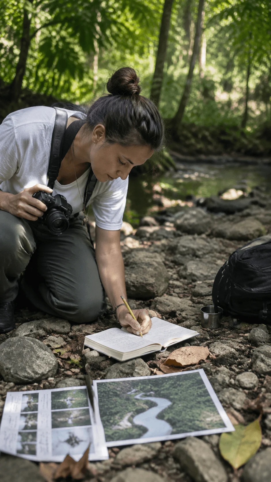 Environmental research and creative thinking showing a photographer studying nature beside a forest stream with notes, printed photographs, and camera equipment while documenting environmental observations and natural landscapes