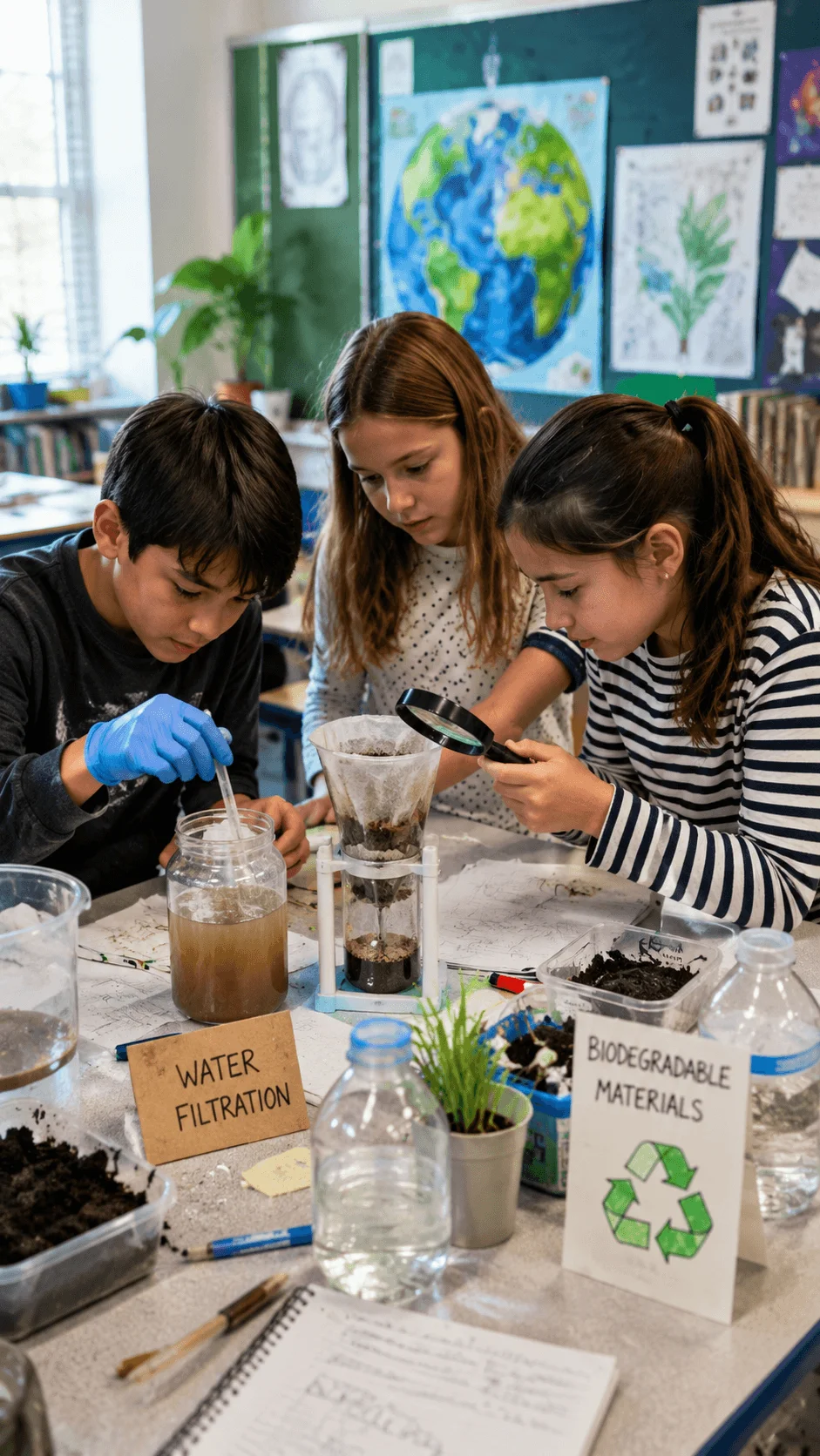 Students conducting environmental science experiments with water filtration and biodegradable materials for a sustainability project