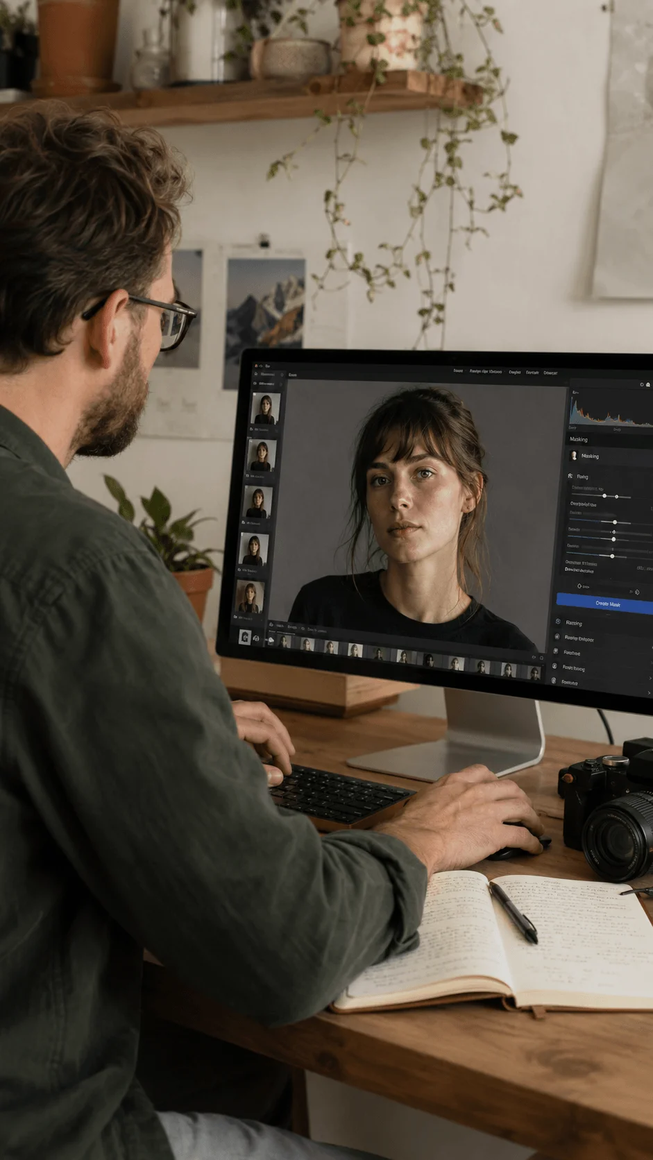 Photographer using ethical AI photo editing tools to adjust a portrait on a computer monitor in a creative workspace with camera notebook and plants