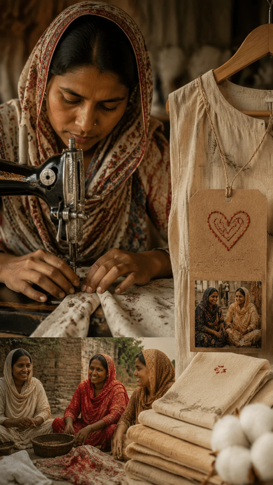 Ethical fashion poster showing an artisan sewing handmade clothing with traditional craftsmanship, fabric textures, community workers, and natural materials representing fair trade, human stories, responsible production, and sustainable fashion practices